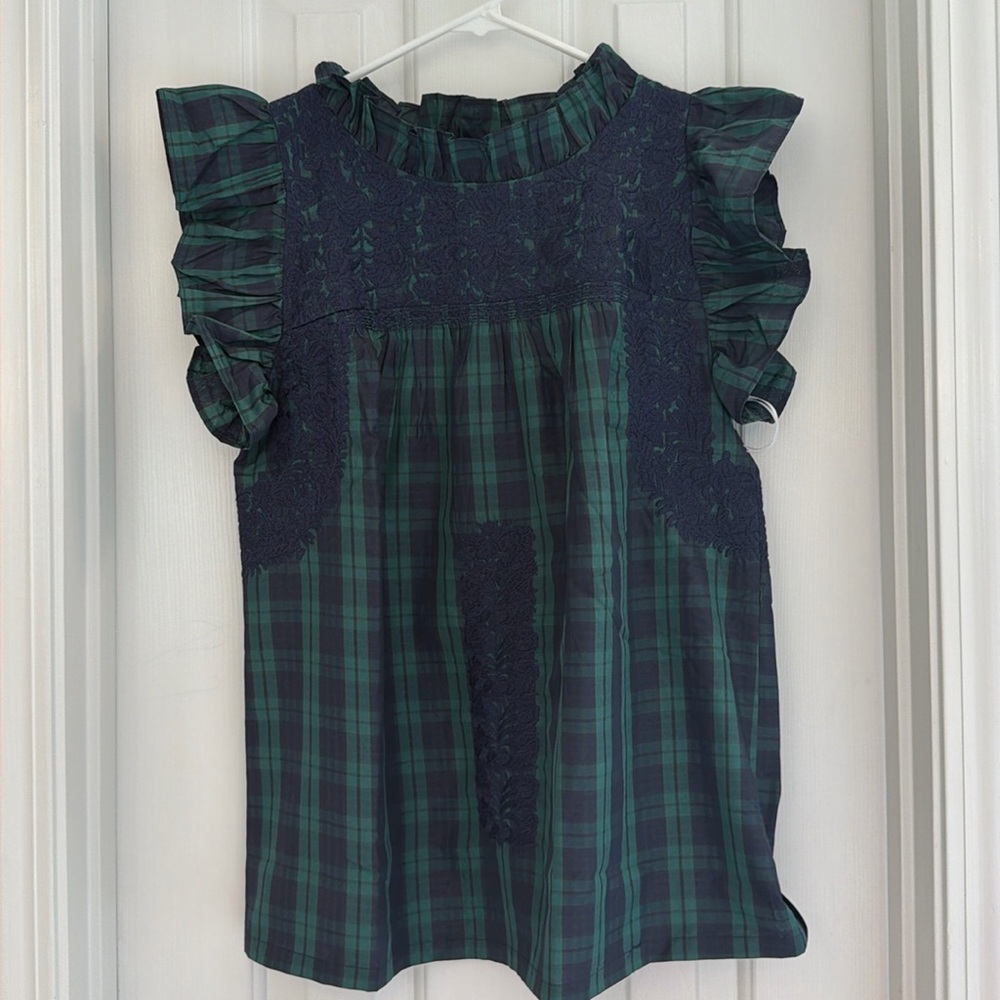 NWT J Marie blue and green plaid embroidered ruffle top. Dillards. Size small